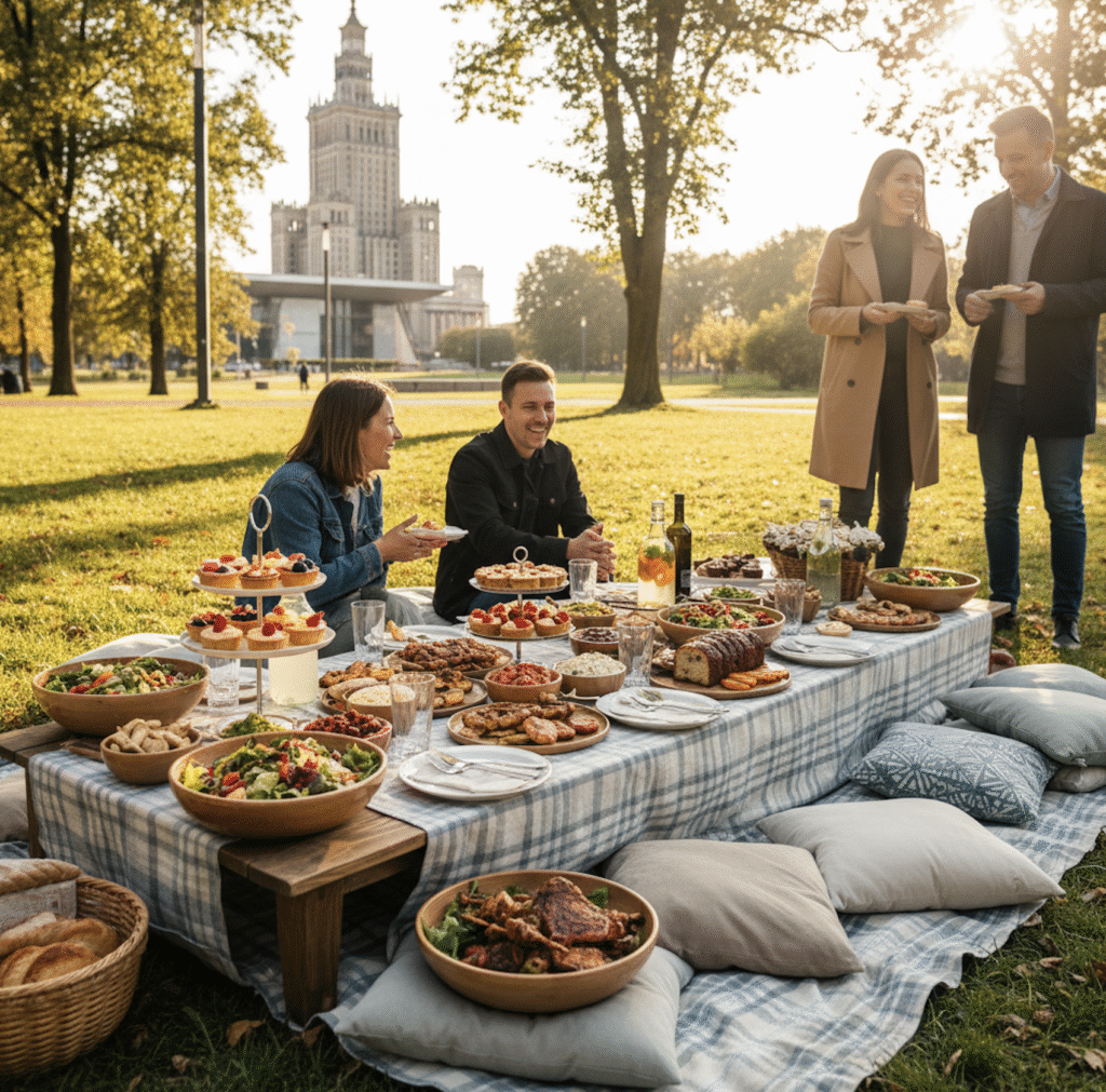 Rodzinne przyjęcie w plenerze na tle panoramy Warszawy z Pałacem Kultury i Nauki. Długi stół z elegancko podanymi daniami, takimi jak pieczony prosiak, sałatki, przekąski i desery.