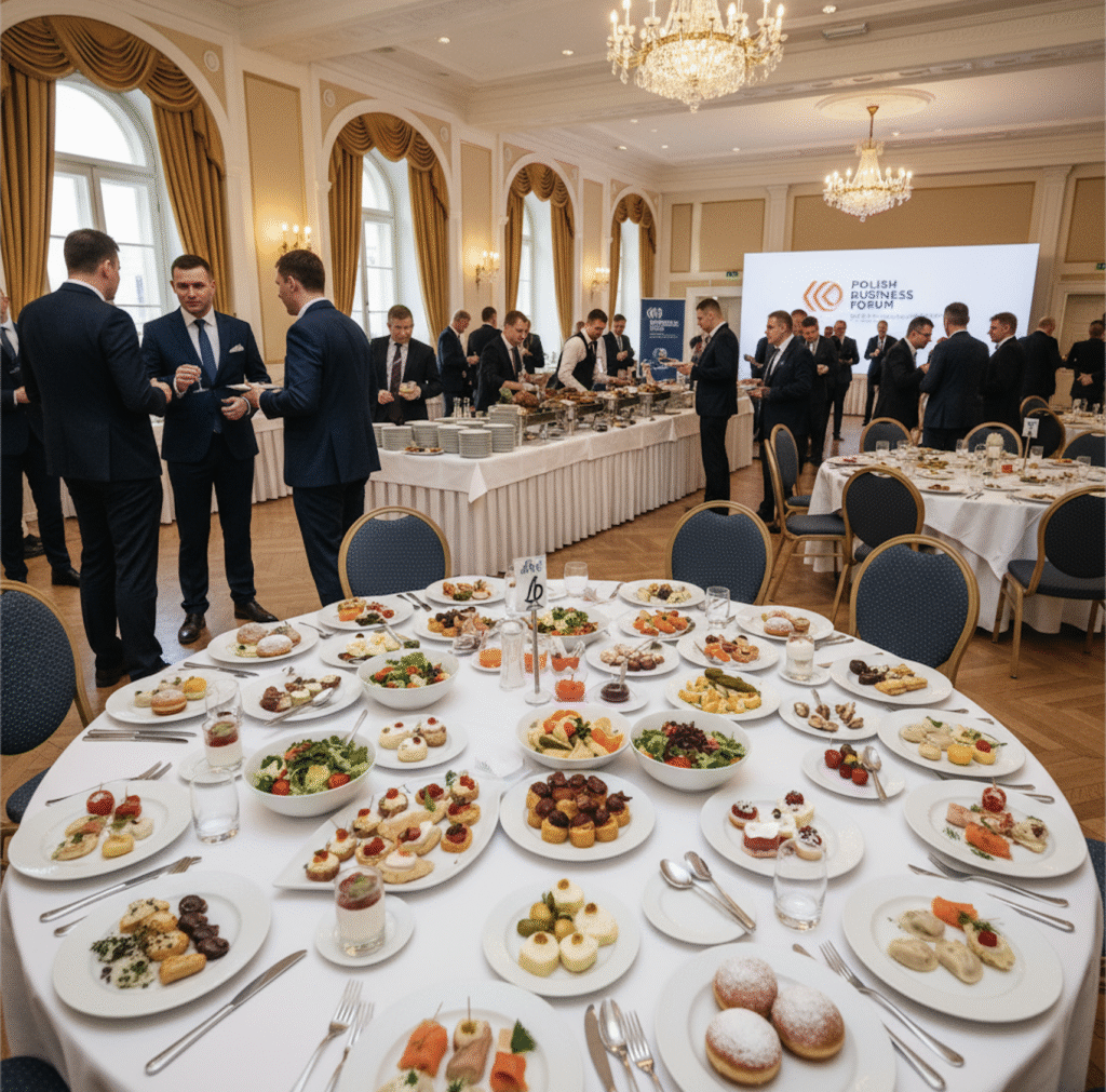 Elegancka impreza firmowa w hotelowej sali konferencyjnej. Okrągłe stoły zastawione potrawami cateringowymi, takimi jak przekąski, sałatki, desery i dania główne. W tle goście w garniturach rozmawiają i korzystają z bufetu w profesjonalnej atmosferze.